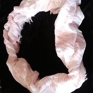 Miniccl infinity scarf.light weight white with pink strips bit of fringe around